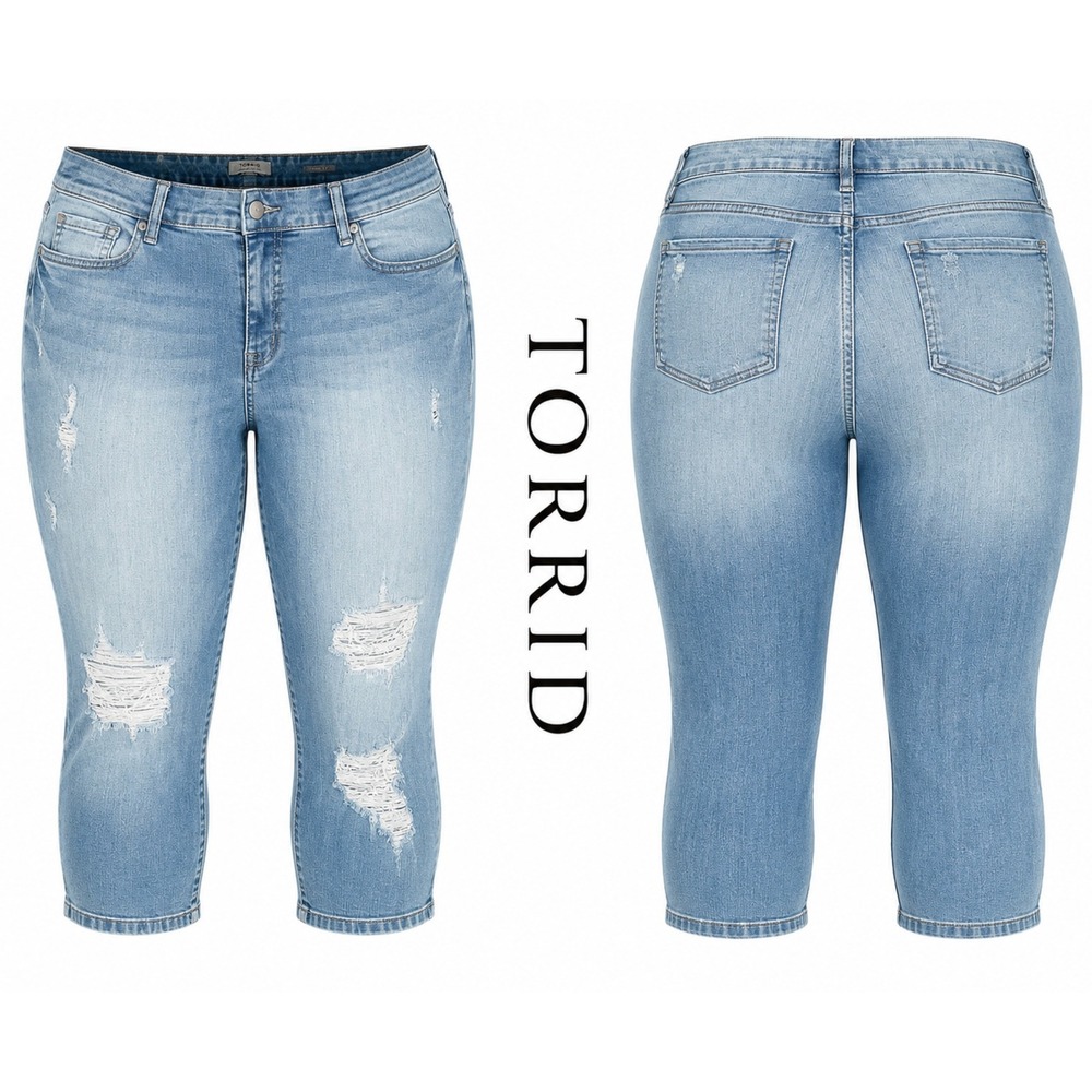 Torrid Jeans Women Capri 20S Light Blue Denim Cropped Distressed Ripped Stretch